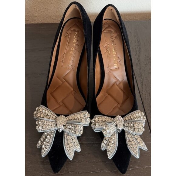 Kurt Geiger Size 7.5/ 38 Belgravia Black Velvet Rhinestone Bow Heels Shoes Pumps - Picture 2 of 15